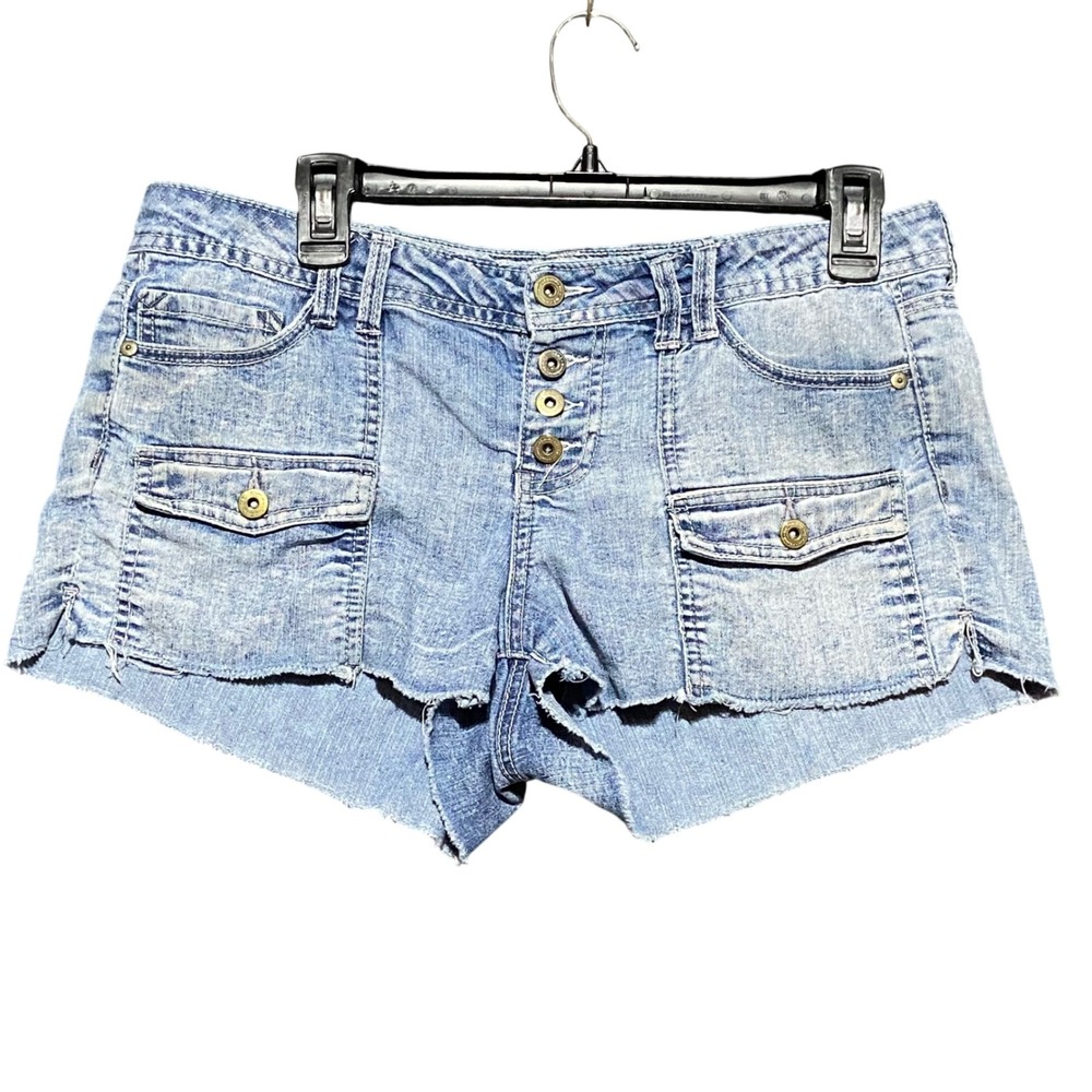 L.E.I. Ashley Lowrise Denim Cargo Shorts Light Wash Button Fly Size 9 Y2K Indie